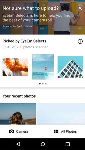 アンドロイドの携帯電話やタブレット用のプログラムEyeEm - Camera & Photo filter のスクリーンショット。