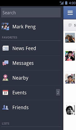 Les captures d'écran du programme Facebook pour le portable ou la tablette Android.