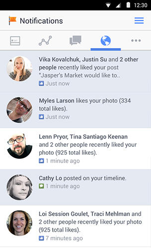 Screenshots of Facebook pages manager program for Android phone or tablet.