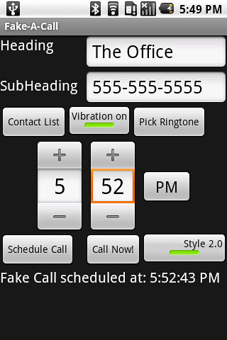 Screenshots of Fake a call program for Android phone or tablet.