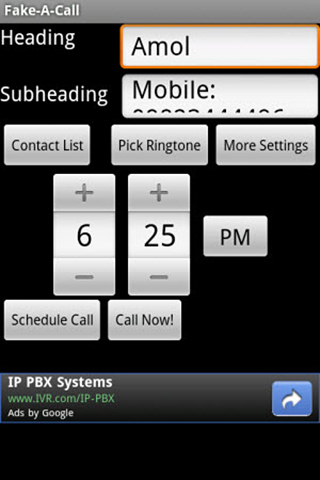 Capturas de pantalla del programa Fake a call para teléfono o tableta Android.