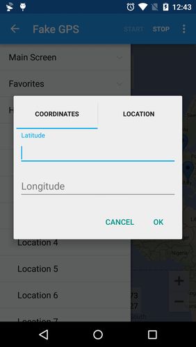 Capturas de tela do programa Fake GPS em celular ou tablete Android.
