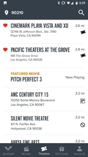 Capturas de tela do programa Fandango: Movies times + tickets em celular ou tablete Android.