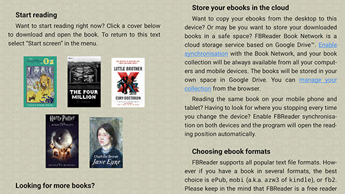 Screenshots of FBReader program for Android phone or tablet.