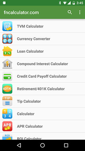 Les captures d'écran du programme Financial Calculators pour le portable ou la tablette Android.