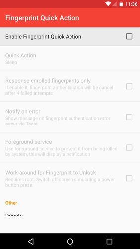 アンドロイドの携帯電話やタブレット用のプログラムFingerprint quick action のスクリーンショット。
