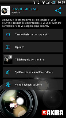 Screenshots des Programms Flashlight call für Android-Smartphones oder Tablets.