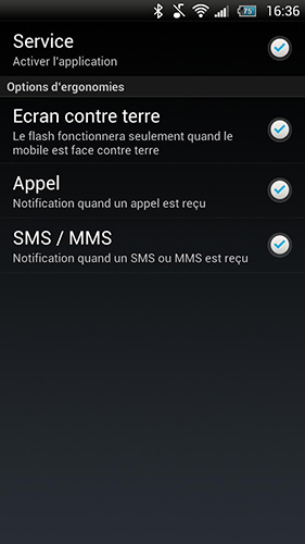 Screenshots des Programms Flashlight call für Android-Smartphones oder Tablets.