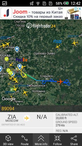 Capturas de tela do programa Flightradar24 - Flight tracker em celular ou tablete Android.