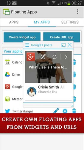 アンドロイドの携帯電話やタブレット用のプログラムFloating apps (multitasking) のスクリーンショット。
