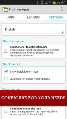 Les captures d'écran du programme Floating apps (multitasking) pour le portable ou la tablette Android.