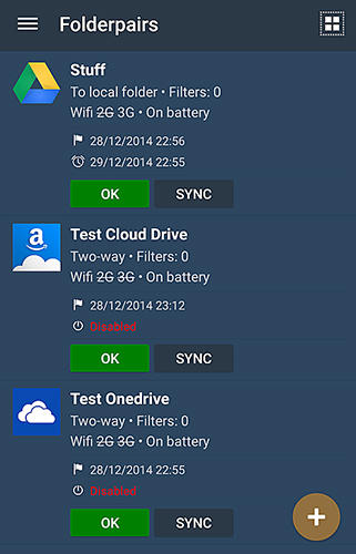 アンドロイドの携帯電話やタブレット用のプログラムFolder sync のスクリーンショット。
