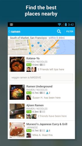 Capturas de pantalla del programa Foursquare para teléfono o tableta Android.