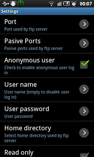 Screenshots des Programms FTP server für Android-Smartphones oder Tablets.