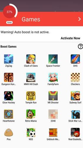 アンドロイドの携帯電話やタブレット用のプログラムGame booster: Play games daster & smoother のスクリーンショット。
