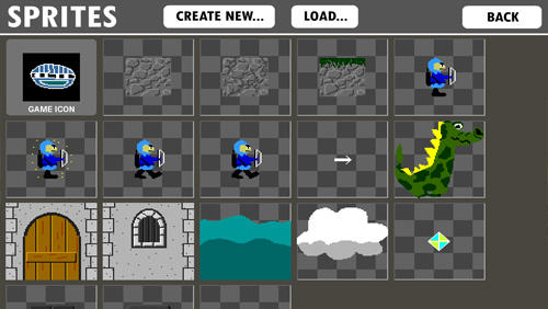 Les captures d'écran du programme Game Creator pour le portable ou la tablette Android.