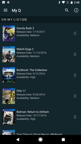 Screenshots of GameFly program for Android phone or tablet.