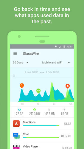 アンドロイド用のアプリGlassWire: Data Usage Privacy 。タブレットや携帯電話用のプログラムを無料でダウンロード。