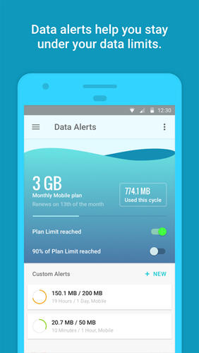 アンドロイドの携帯電話やタブレット用のプログラムGlassWire: Data Usage Privacy のスクリーンショット。