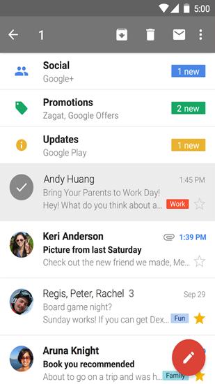 Screenshots des Programms Gmail für Android-Smartphones oder Tablets.
