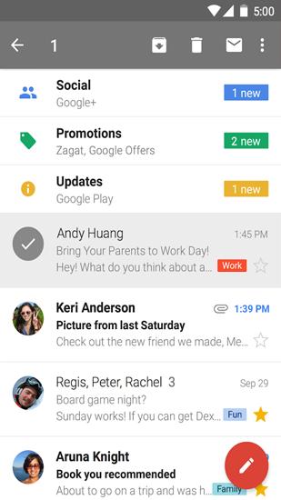 Les captures d'écran du programme Gmail pour le portable ou la tablette Android.