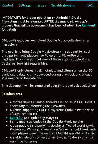 Capturas de tela do programa GMusicFS em celular ou tablete Android.