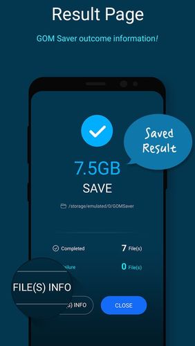 Screenshots of GOM saver - Memory storage saver and optimizer program for Android phone or tablet.