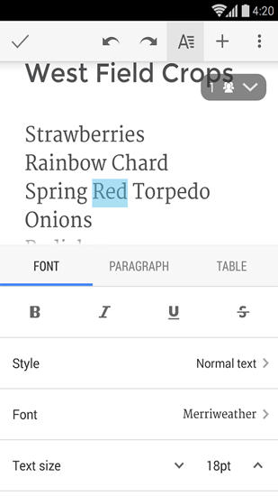 Les captures d'écran du programme Google Docs pour le portable ou la tablette Android.