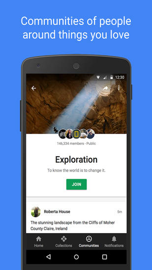 Screenshots of Google Plus program for Android phone or tablet.
