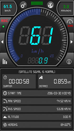 Les captures d'écran du programme GPS: Speed Pro pour le portable ou la tablette Android.