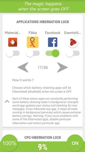Télécharger gratuitement Hibernate - Real battery saver pour Android. Programmes sur les portables et les tablettes.