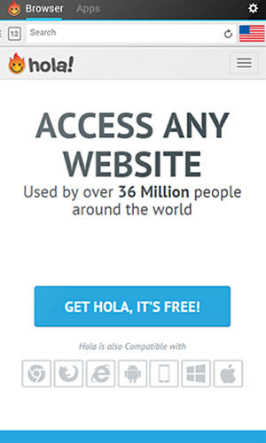 アンドロイドの携帯電話やタブレット用のプログラムHola free VPN のスクリーンショット。
