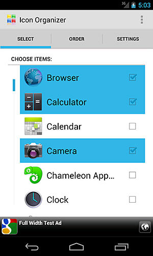 Les captures d'écran du programme Icon organizer pour le portable ou la tablette Android.
