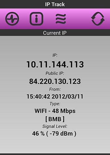 Les captures d'écran du programme IP Track pour le portable ou la tablette Android.