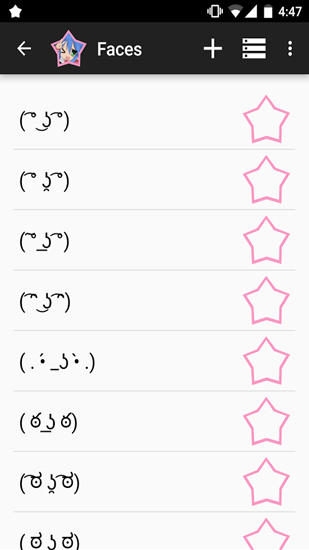 Capturas de tela do programa Kaomoji: Japanese Emoticons em celular ou tablete Android.