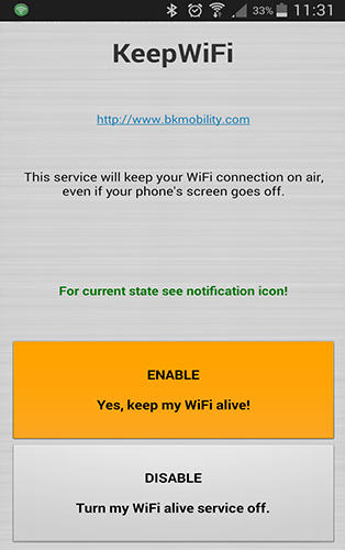 アンドロイドの携帯電話やタブレット用のプログラムKeep WiFi のスクリーンショット。