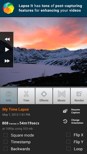 アンドロイド用のアプリLapse it: Time lapse camera 。タブレットや携帯電話用のプログラムを無料でダウンロード。