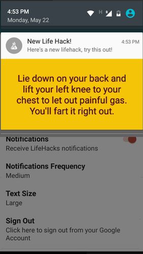Les captures d'écran du programme Life hacks pour le portable ou la tablette Android.