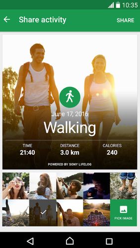 アンドロイドの携帯電話やタブレット用のプログラムCharity Miles: Walking & running distance tracker のスクリーンショット。