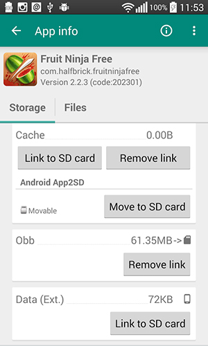 Capturas de tela do programa Link2SD em celular ou tablete Android.