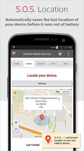 Screenshots of McAfee: Mobile security program for Android phone or tablet.
