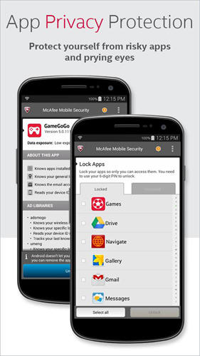 Les captures d'écran du programme McAfee: Mobile security pour le portable ou la tablette Android.