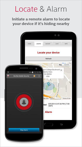 アンドロイドの携帯電話やタブレット用のプログラムMcAfee: Mobile security のスクリーンショット。