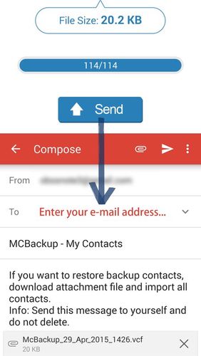 アンドロイドの携帯電話やタブレット用のプログラムMCBackup - My Contacts Backup のスクリーンショット。