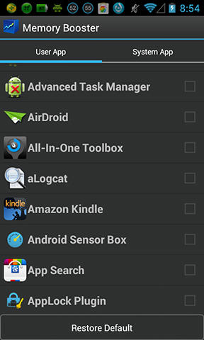 Capturas de tela do programa Memory booster em celular ou tablete Android.