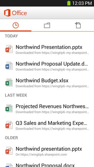 Les captures d'écran du programme Microsoft Office Mobile pour le portable ou la tablette Android.