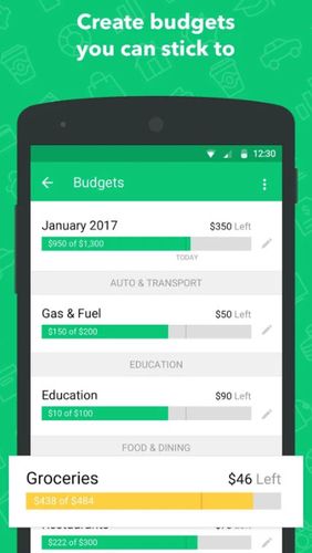 アンドロイドの携帯電話やタブレット用のプログラムMint: Budget, bills, finance のスクリーンショット。