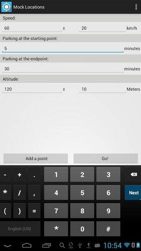 Capturas de tela do programa Mock locations - Fake GPS path em celular ou tablete Android.
