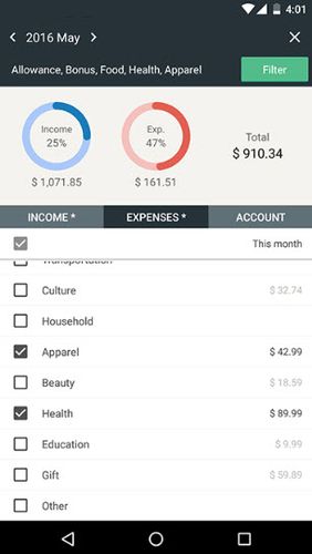 アンドロイドの携帯電話やタブレット用のプログラムMoney Manager: Expense & Budget のスクリーンショット。