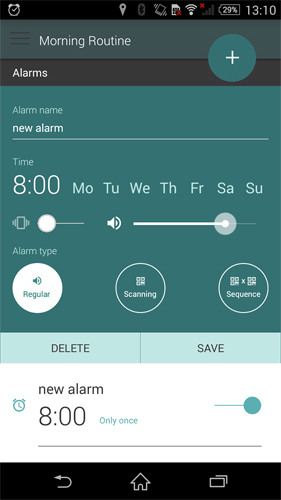 Capturas de pantalla del programa Morning routine: Alarm clock para teléfono o tableta Android.